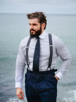 Bretelles homme rayées gris et bleu à boutons
