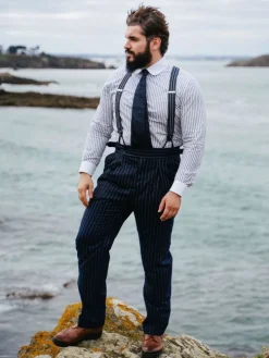Bretelles homme rayées gris et bleu à boutons