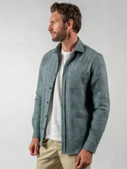 Chemise bleue en flanelle épaisse col italien