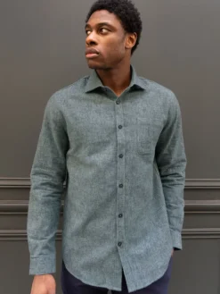 Chemise bleue en flanelle épaisse col italien