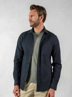 Chemise bleue marine en flanelle épaisse col italien