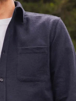 Chemise bleue marine en flanelle épaisse col italien