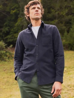 Chemise bleue marine en flanelle épaisse col italien