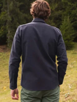 Chemise bleue marine en flanelle épaisse col italien