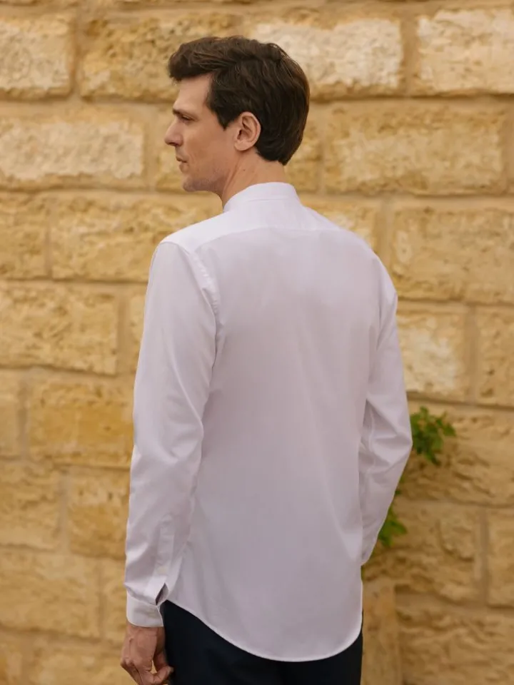 Chemise col droit ouvert en popeline blanche