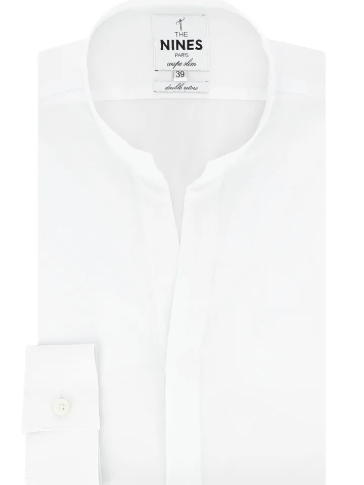 Chemise col droit ouvert en popeline blanche