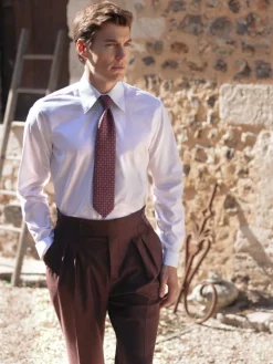 Chemise col français blanche à rayures roses