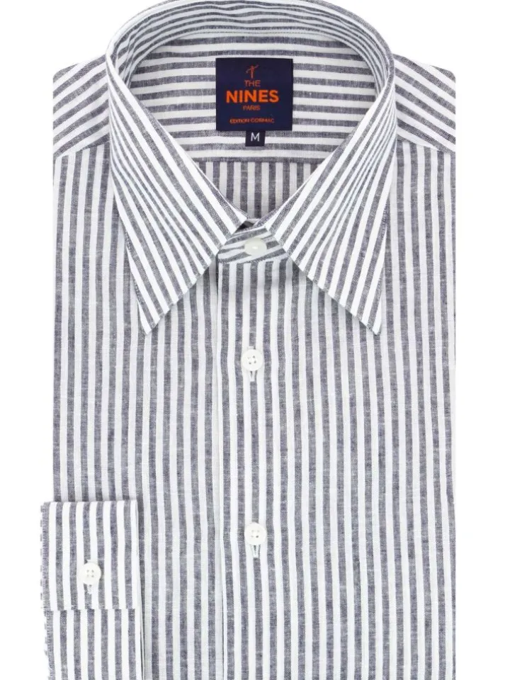 Chemise col français en lin et coton à rayures bleu marine