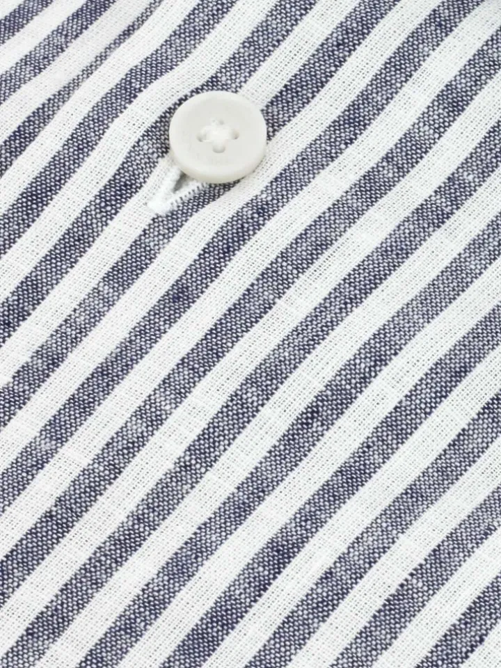 Chemise col français en lin et coton à rayures bleu marine