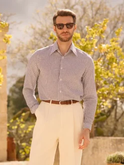 Chemise col français en lin et coton à rayures bleu marine