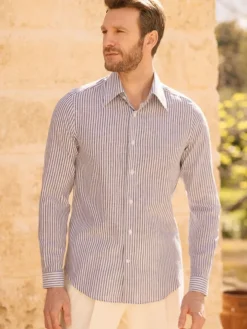 Chemise col français en lin et coton à rayures bleu marine