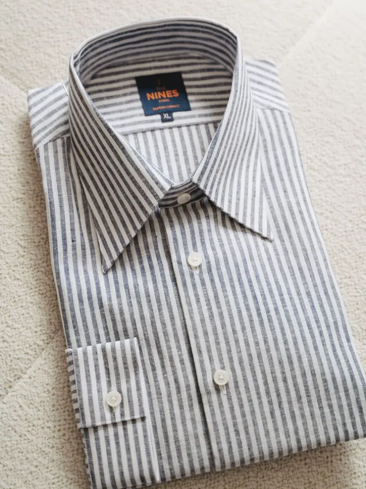 Chemise col français en lin et coton à rayures bleu marine