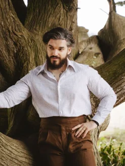 Chemise col français en lin et coton à rayures noisette