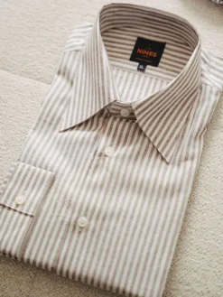 Chemise col français en lin et coton à rayures noisette