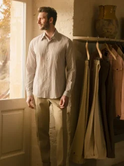 Chemise col français en lin et coton à rayures noisette