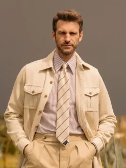 Chemise col français en lin et coton à rayures noisette
