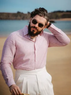 Chemise col français en lin et coton à rayures rouge