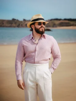 Chemise col français en lin et coton à rayures rouge