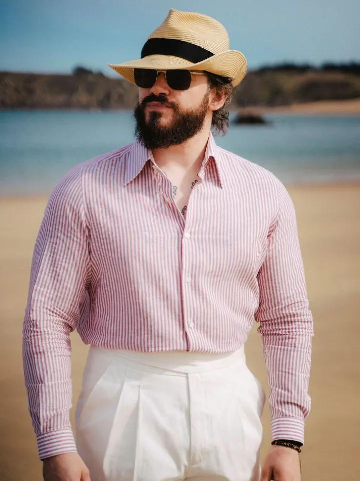 Chemise col français en lin et coton à rayures rouge