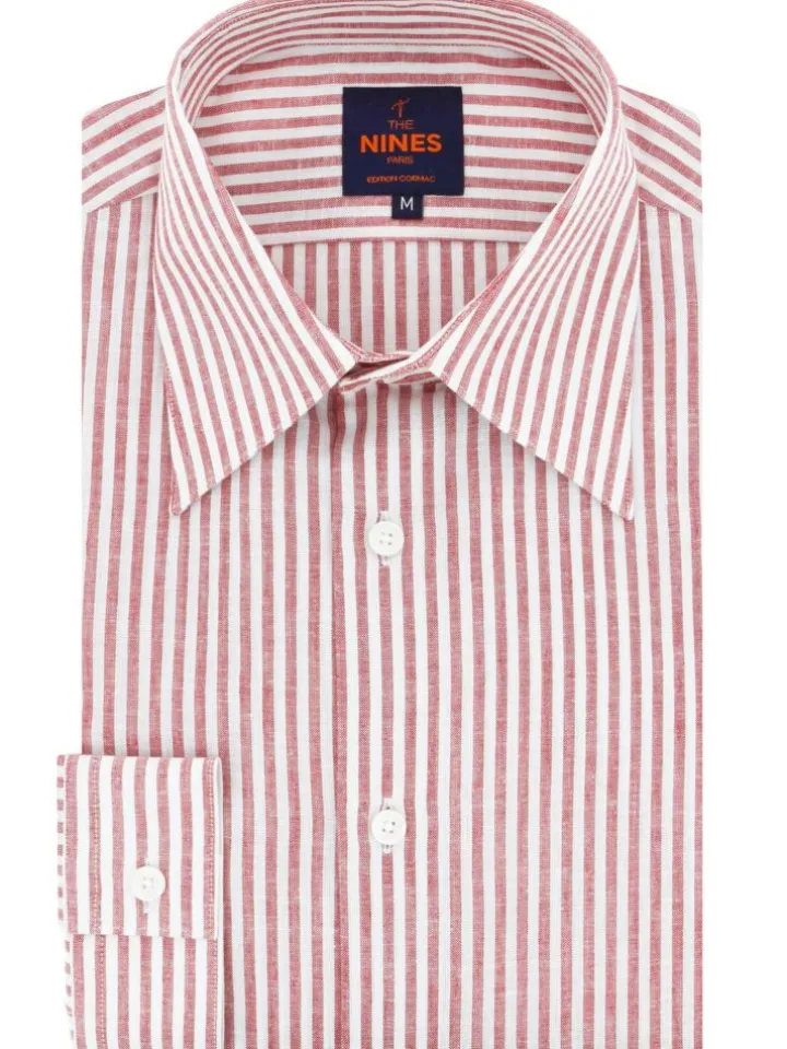 Chemise col français en lin et coton à rayures rouge