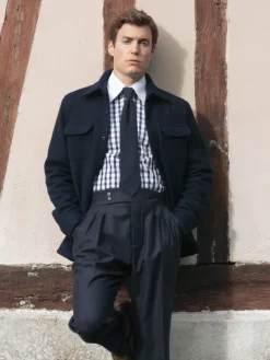 Chemise col français en twill vichy bleu marine