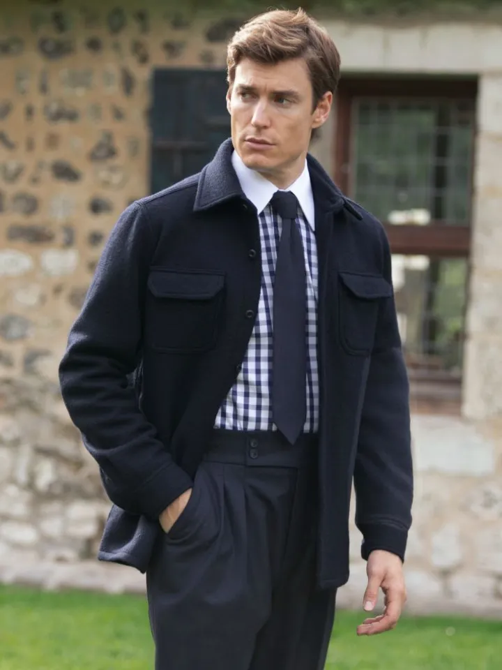 Chemise col français en twill vichy bleu marine