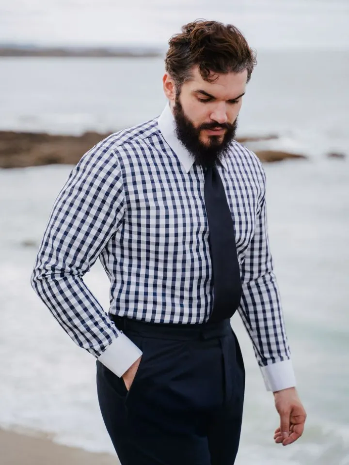 Chemise col français en twill vichy bleu marine