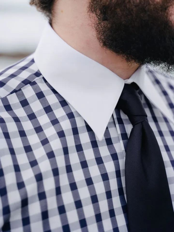 Chemise col français en twill vichy bleu marine