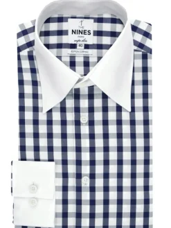 Chemise col français en twill vichy bleu marine