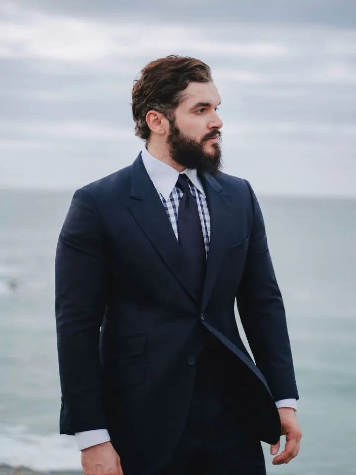 Chemise col français en twill vichy bleu marine