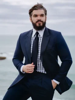 Chemise col français en twill vichy bleu marine
