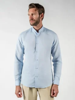 Chemise col inversé en lin et coton bleu ciel