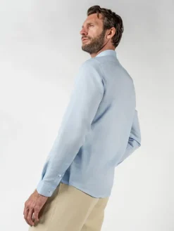 Chemise col inversé en lin et coton bleu ciel