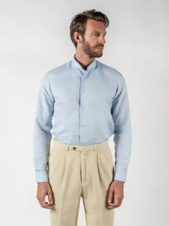 Chemise col inversé en lin et coton bleu ciel