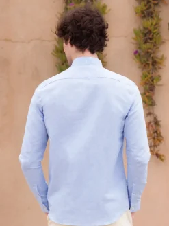 Chemise col inversé en lin et coton bleu ciel