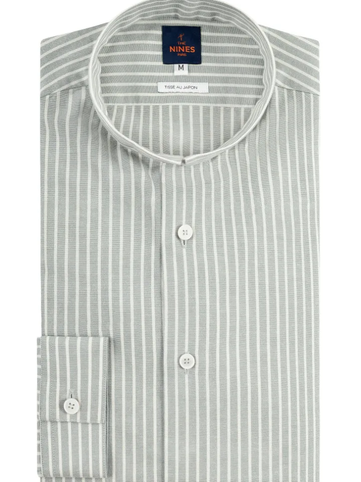Chemise col inversé en oxford japonais à rayures vertes