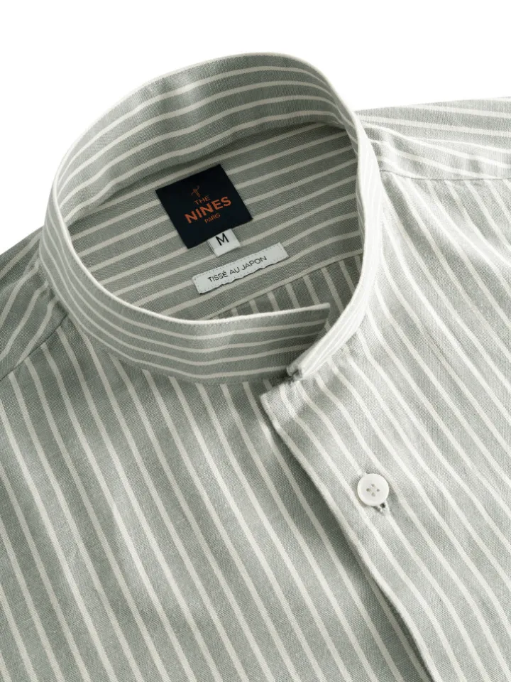 Chemise col inversé en oxford japonais à rayures vertes