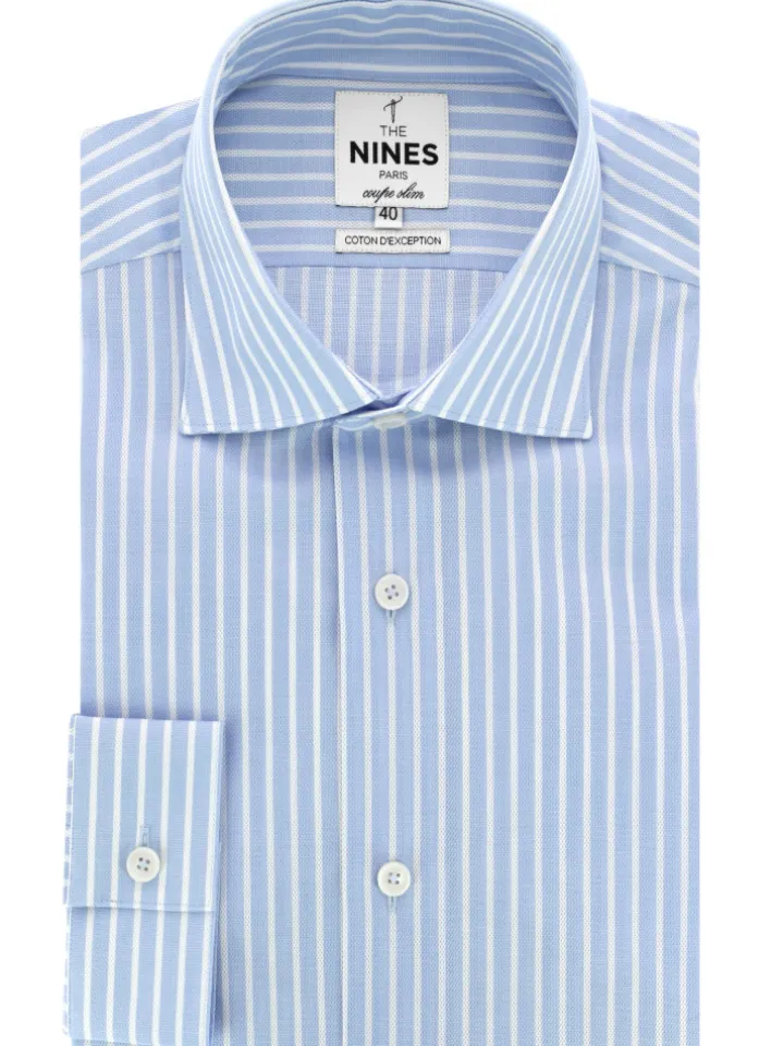 Chemise col italien à rayures bleu ciel