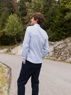 Chemise col italien coton et cachemire bleu ciel