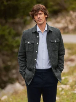 Chemise col italien coton et cachemire bleu ciel