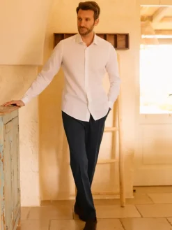 Chemise col italien en lin et coton blanche