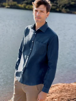 Chemise col italien en oxford bio bleu orage