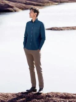 Chemise col italien en oxford bio bleu orage