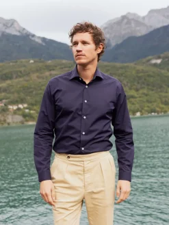 Chemise col italien en popeline bleu marine