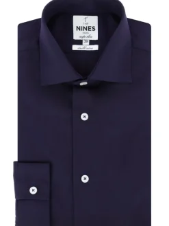 Chemise col italien en popeline bleu marine