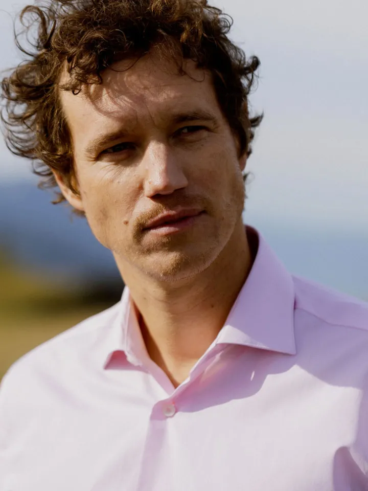 Chemise col italien en popeline rose