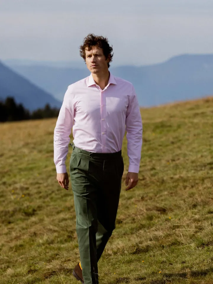 Chemise col italien en popeline rose