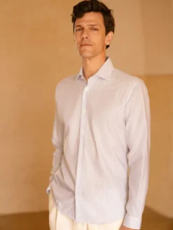 Chemise col italien infroissable à rayures bleu ciel