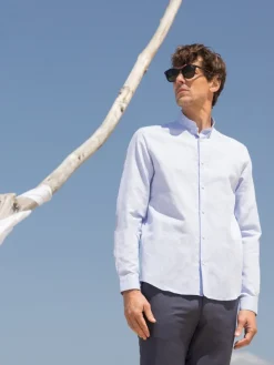 Chemise col Mao en lin bleu ciel