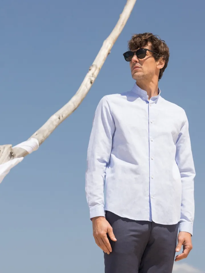 Chemise col Mao en lin bleu ciel